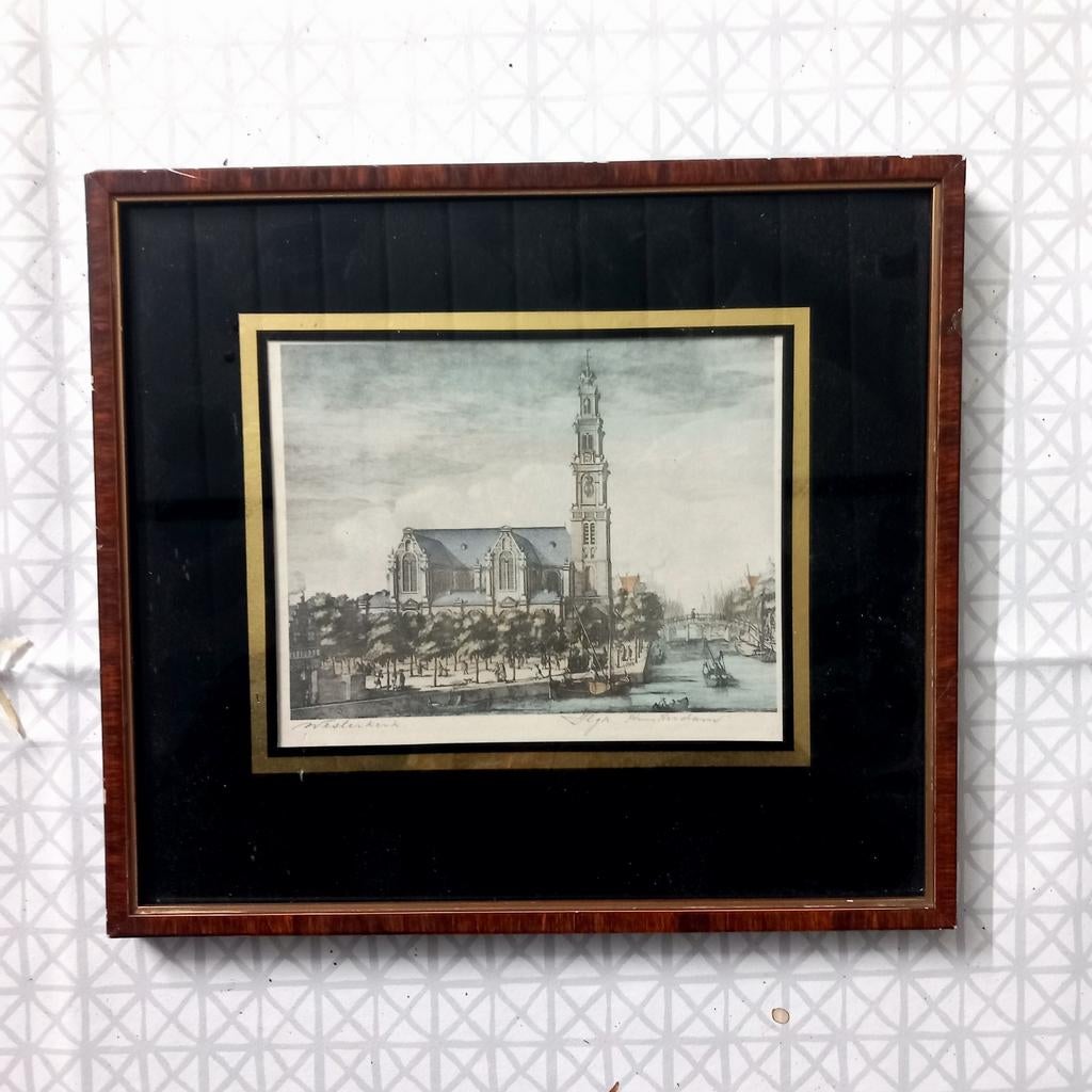 Ingelijste prent van Westerkerk Amsterdam, 21x23 cm, Ophalen