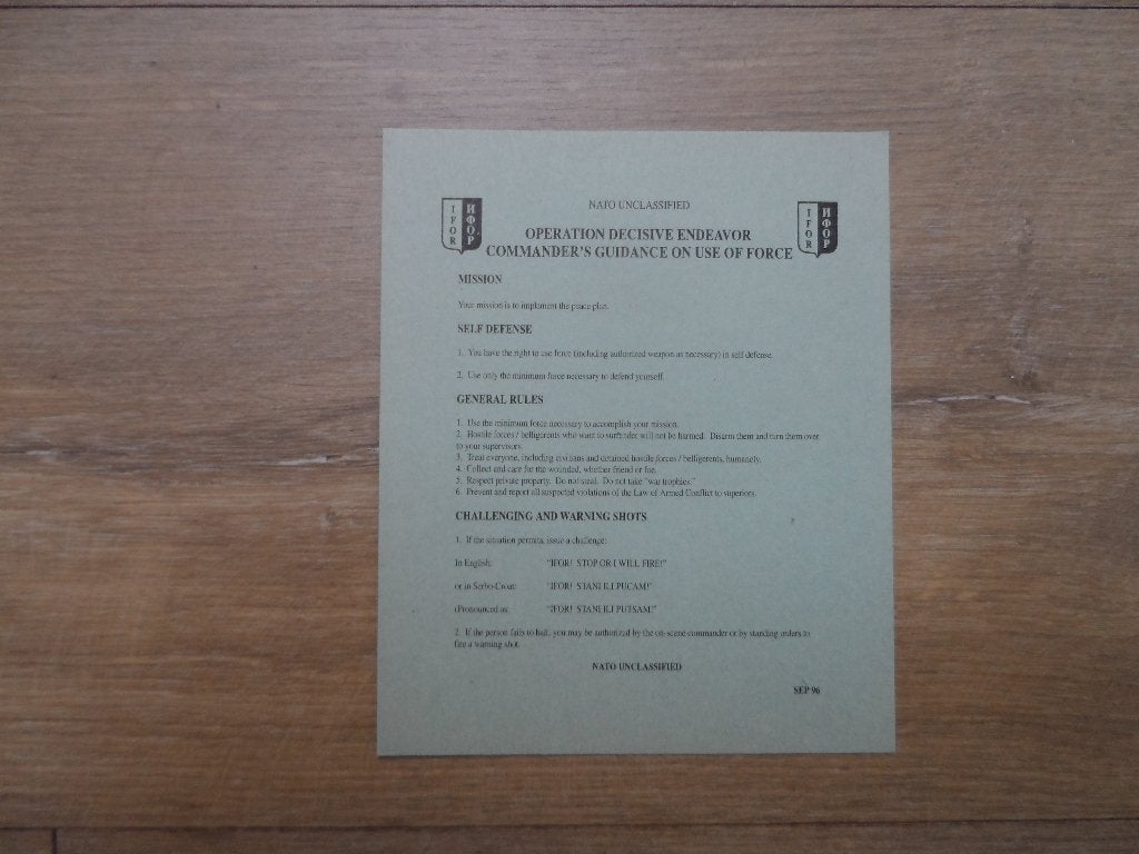 IFOR geweldsinstructie, Commander’s guidance on use of force, Verzamelen, Ophalen, Landmacht, Nederland