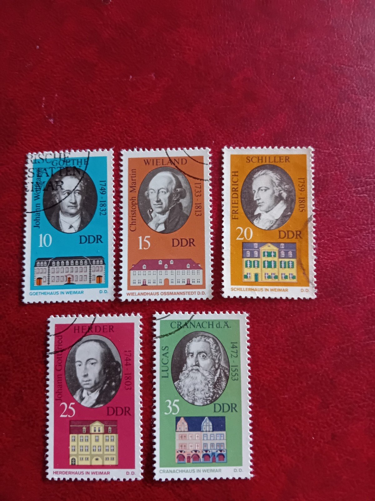 DDR postzegels: Goethe, Wieland, Schiller, Herder, Cranach, Ophalen of Verzenden, Gestempeld