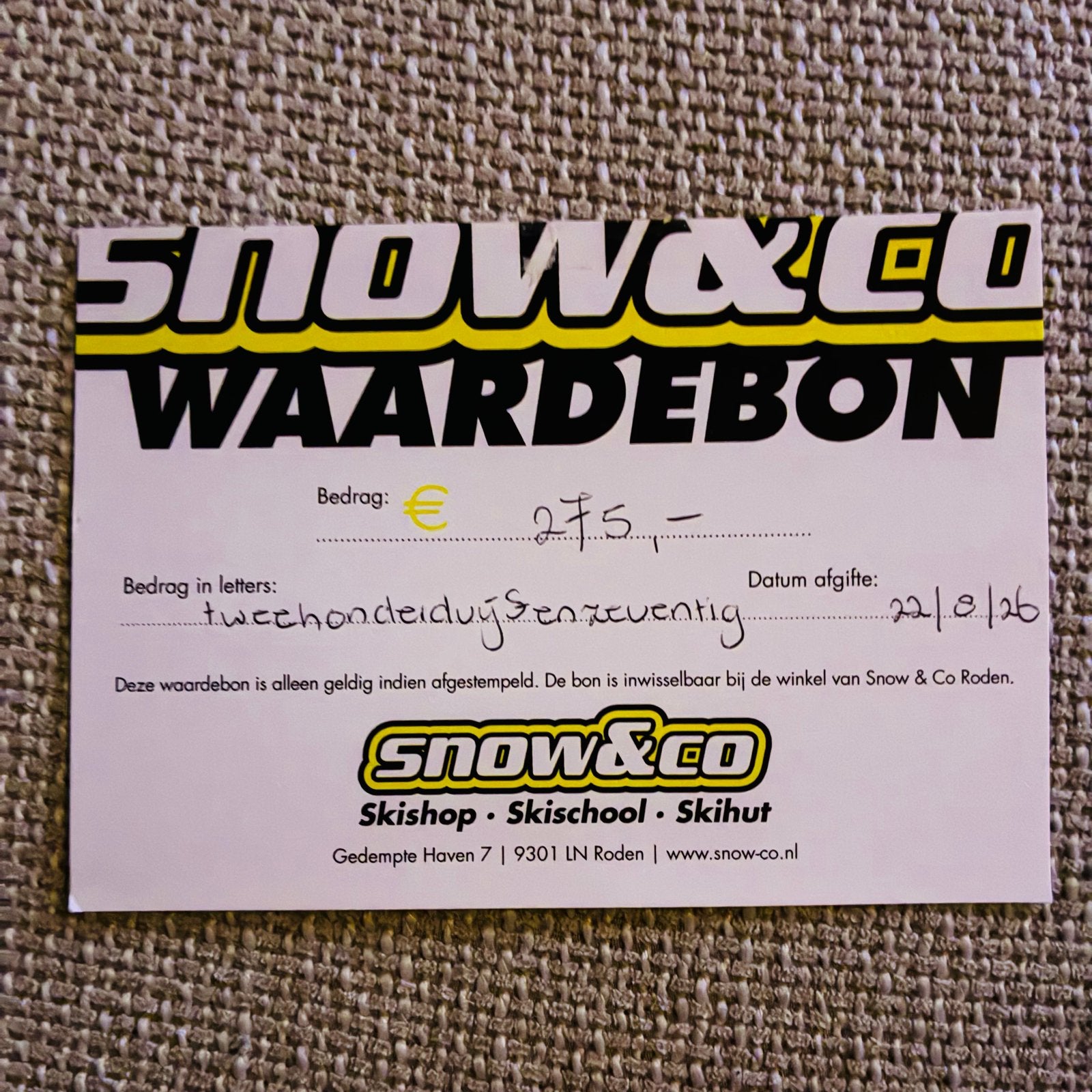 Wintersport (kleding, ski's, snowboards) waardebon € 275,00, Warenhuis- of Winkelbon