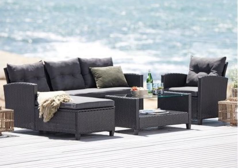 Wicker Loungeset met Glazen Tafel en Hocker, Ophalen, 4 zitplaatsen, Gebruikt, Hocker