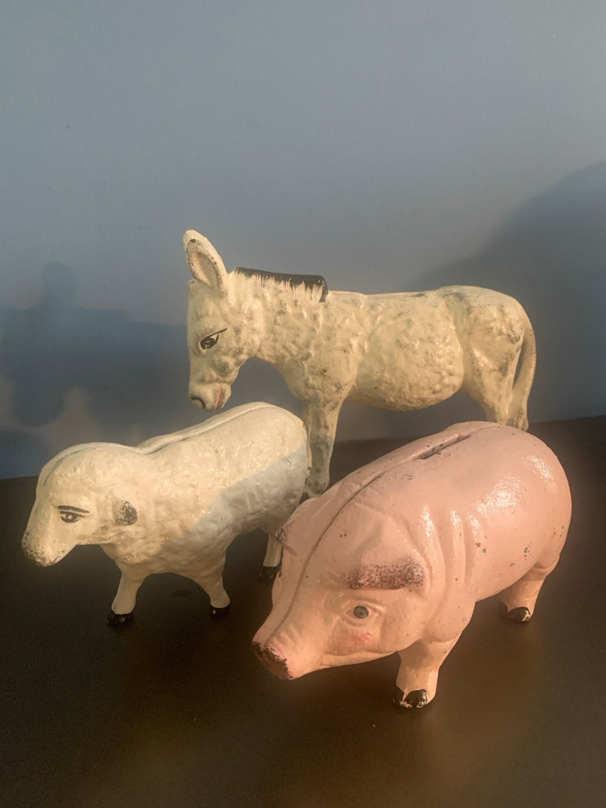 Set van 3 gietijzeren spaarpotten: ezel, schaap en varken, Verzamelen, Spaarpotten, Ophalen of Verzenden, Gebruikt, Metaal of Blik