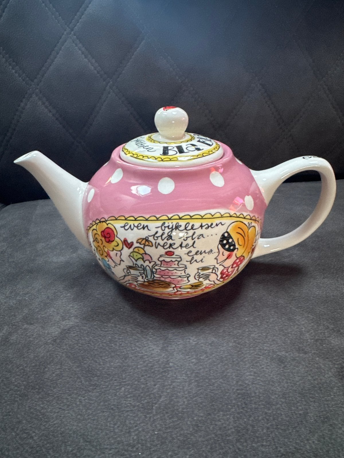 Blond Amsterdam theepot roze met stippen en illustraties, Ophalen of Verzenden, Gebruikt, Blond Amsterdam, Theepot