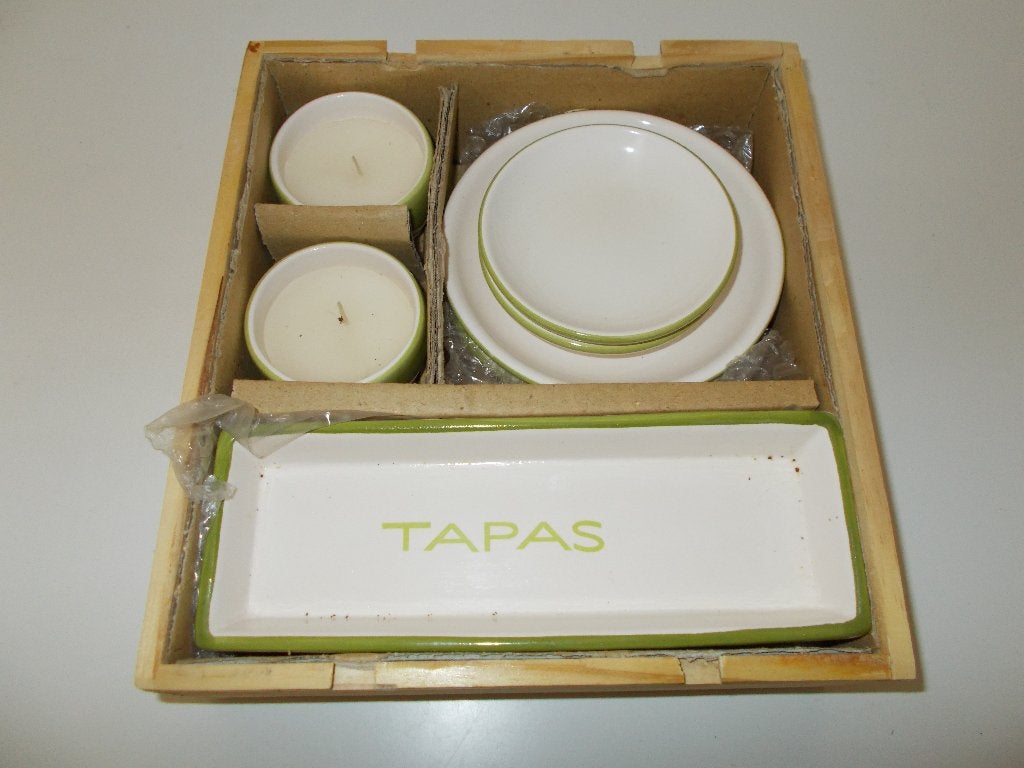 Tapas setjes met schaaltjes en kaarsen in houten kist,, Overige merken, Keramiek, Overige typen, Nieuw