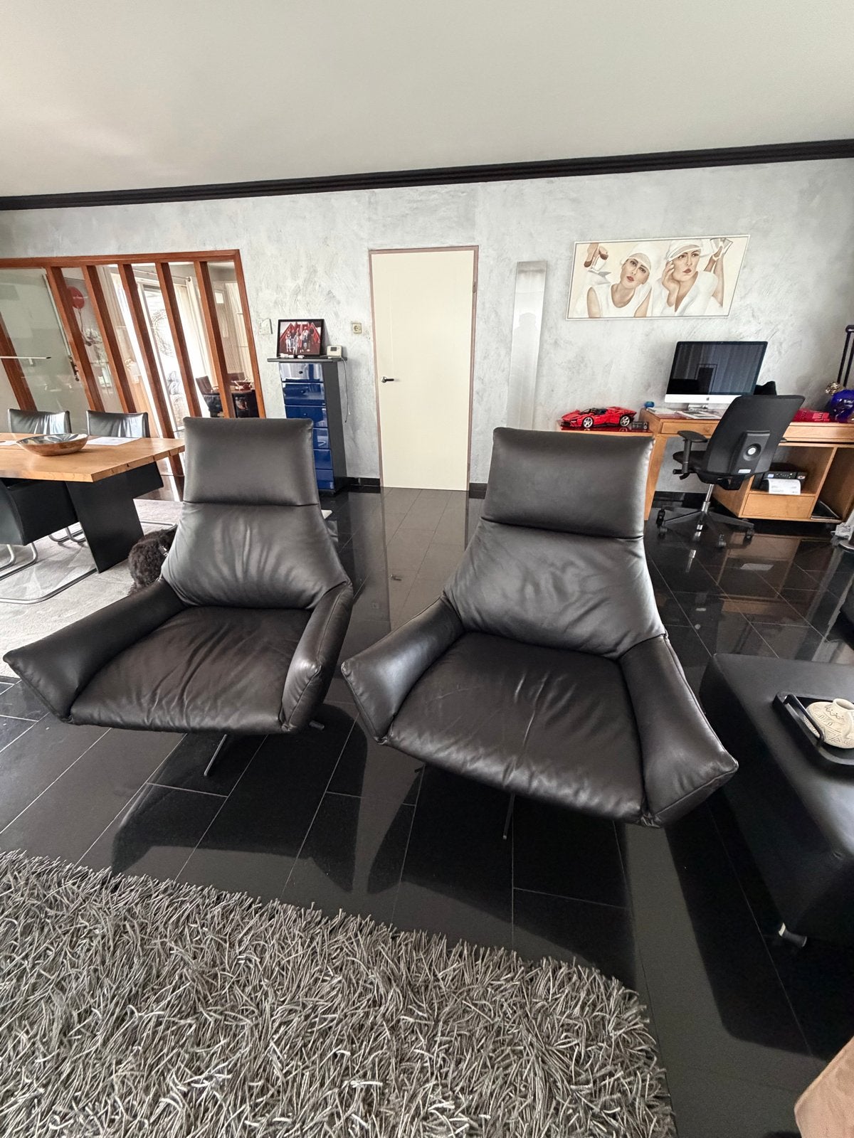 Relax stoelen 2x Leren Draaibaar vintage look met Hocker, Ophalen, Gebruikt, 75 tot 100 cm, Leer