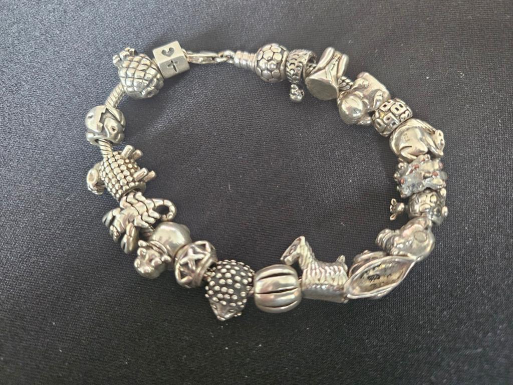 Pandora zilveren armband met 20 bedels - 21 cm, Ophalen of Verzenden, Zo goed als nieuw, Zilver, Pandora