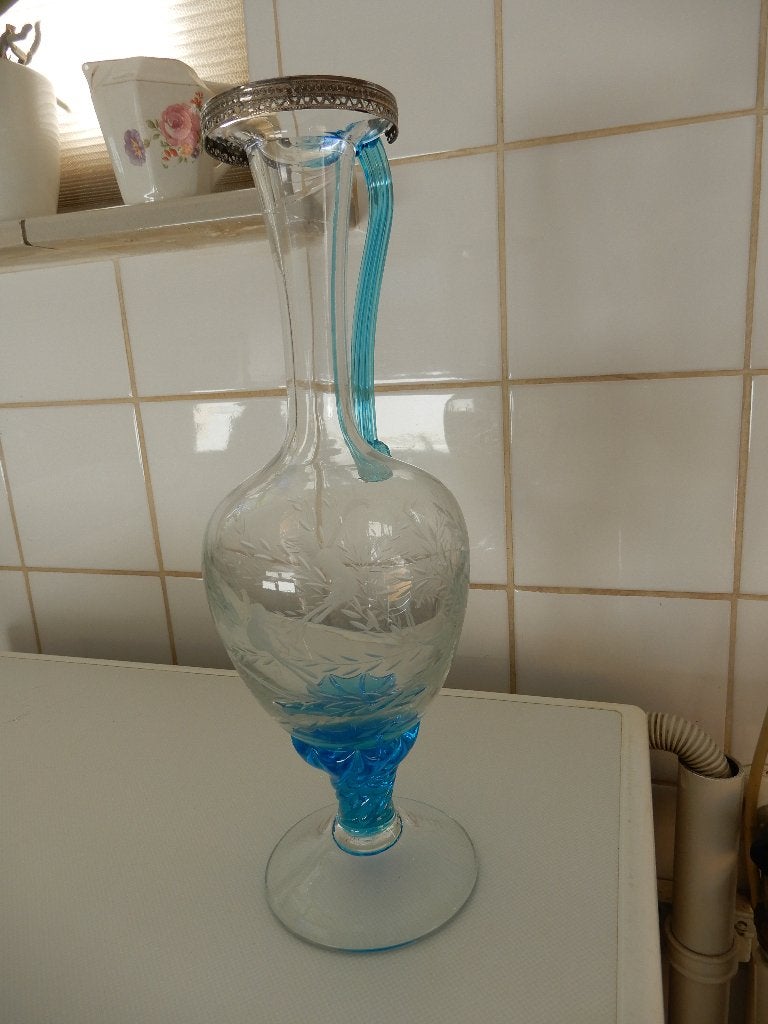 Karaf kristal, geslepen afb. vogels, kleur blauw, Ophalen of Verzenden