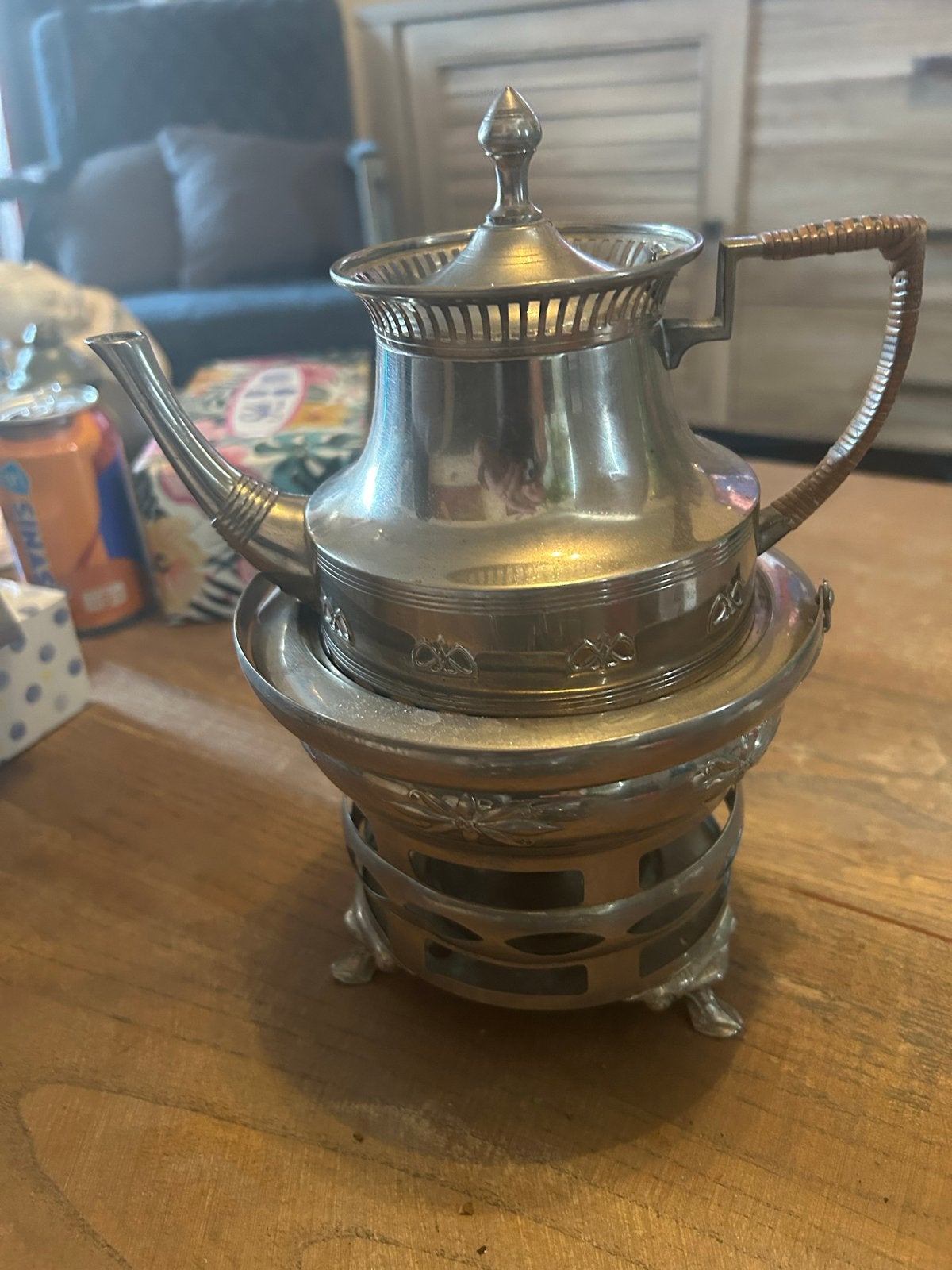 Antieke verzilverde theepot met rechaud en melk/suiker set, Ophalen of Verzenden