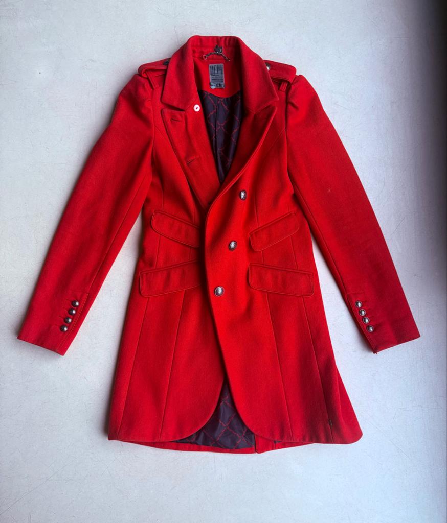 Rode wollen jas mantel met dubbele rij knopen, Ophalen, Gedragen, Maat 38/40 (M), Rood