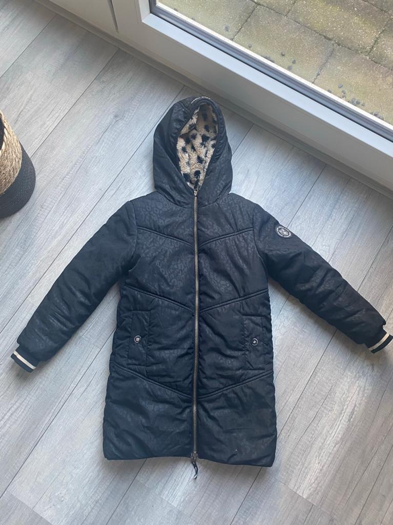 WE fashion reversible parka zwart/panter 134-140., Kinderen en Baby's, Ophalen of Verzenden, Zo goed als nieuw, Meisje, Jas