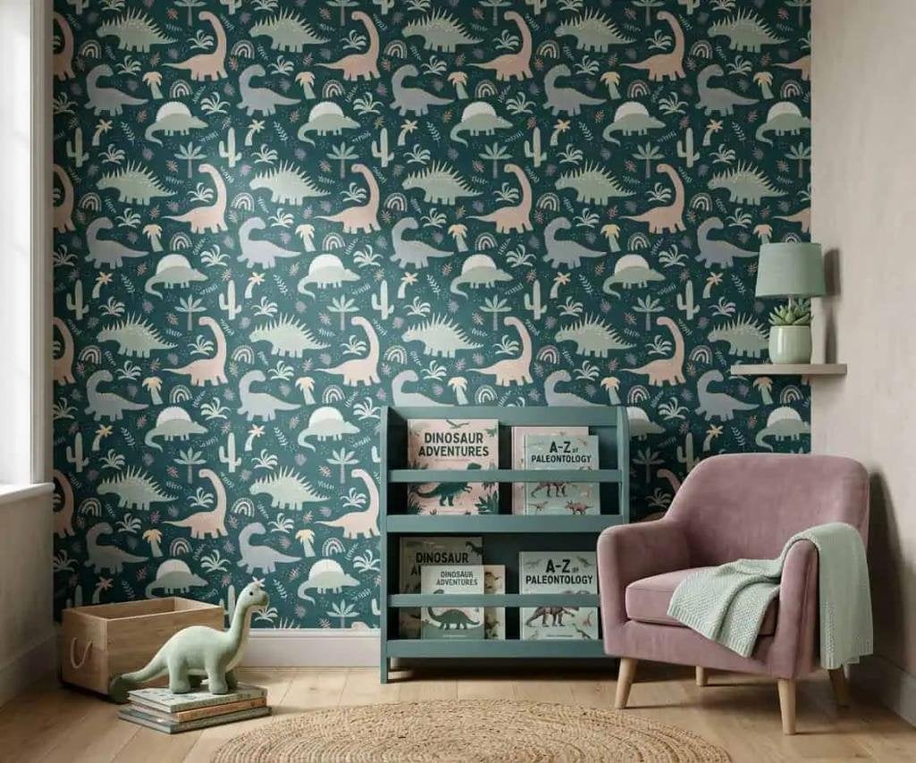 Dino behang kinderkamer – donkergroen op maat, 75 m² of meer, Modern, Ophalen of Verzenden, Fotobehang