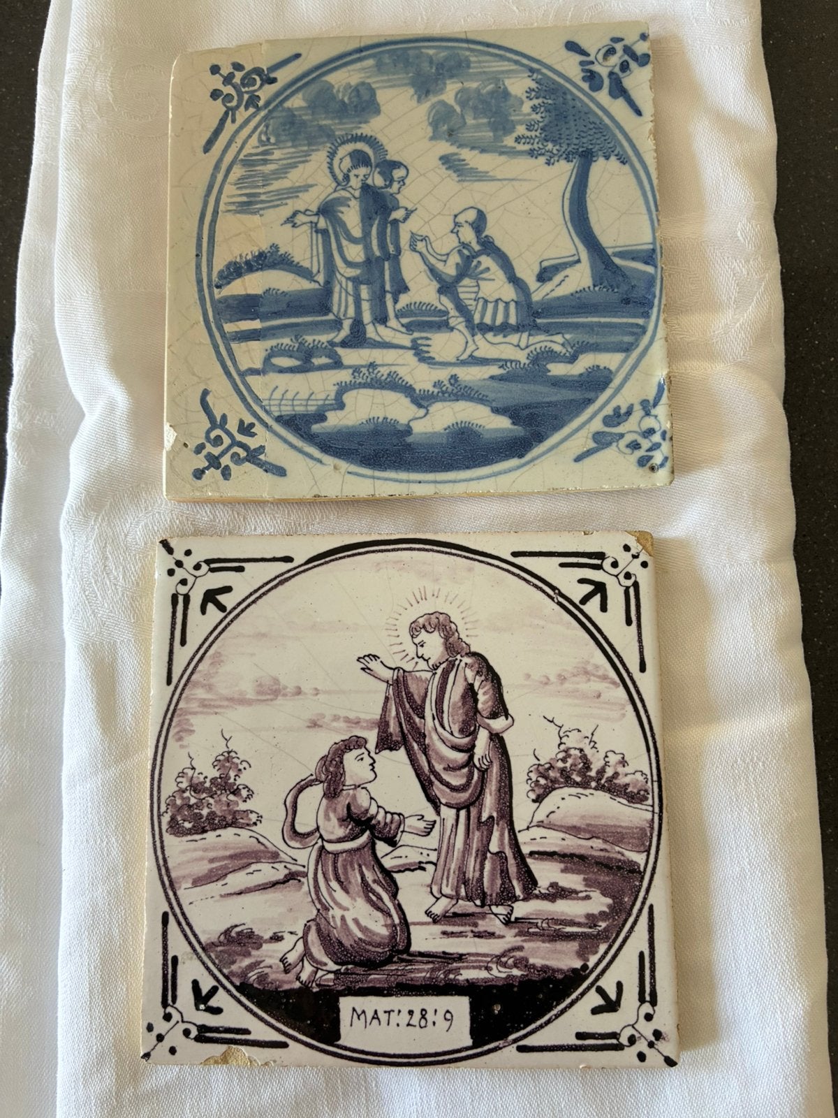 2x Antieke Hollandse bijbeltegel – Delfts blauw & Mangaan, Ophalen of Verzenden