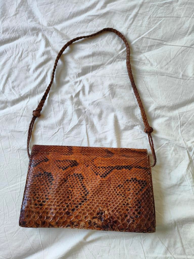 Vintage Slangenleren Clutch / Schoudertasje, Ophalen of Verzenden, Gebruikt, Bruin, Avondtasje
