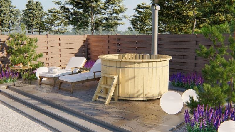 Hottub Ø200 cm – vurenhout – interne RVS houtkachel, Ophalen, Tuindeco, Afdekzeil, Nieuw