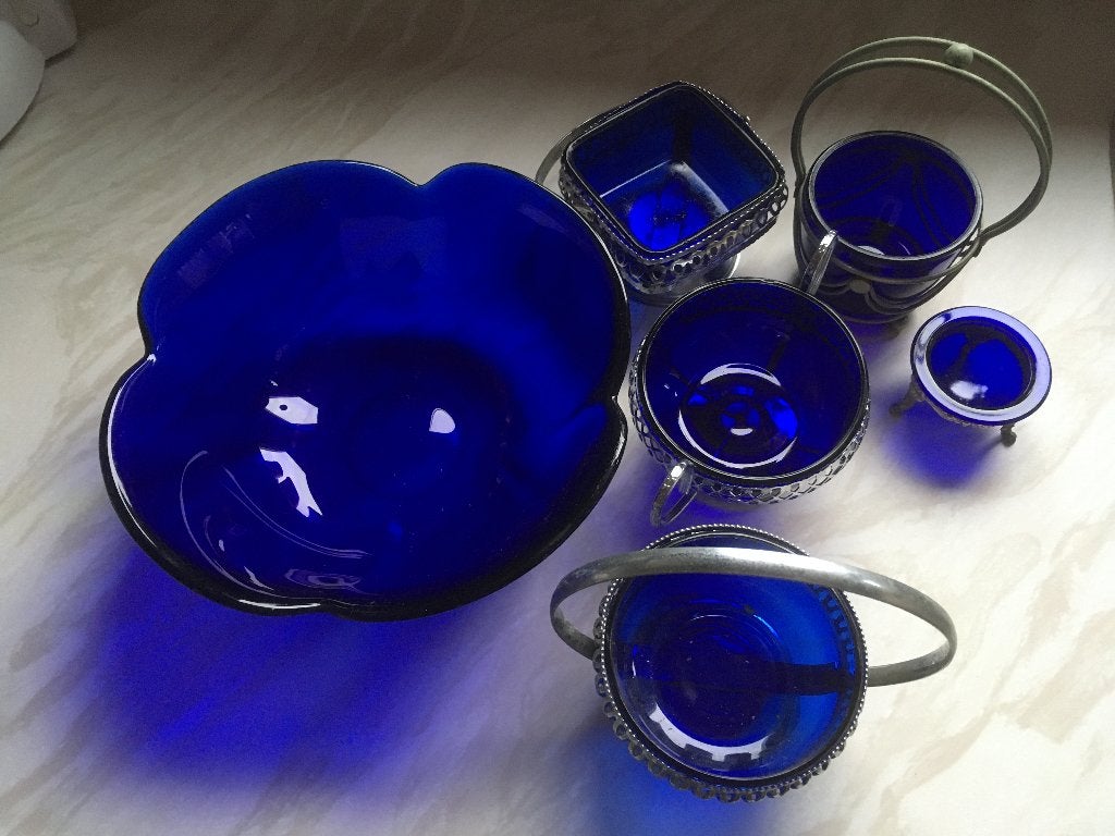 paars blauw schaaltjes schaal 6 stuks glas, Ophalen of Verzenden, Zo goed als nieuw, Blauw, Glas