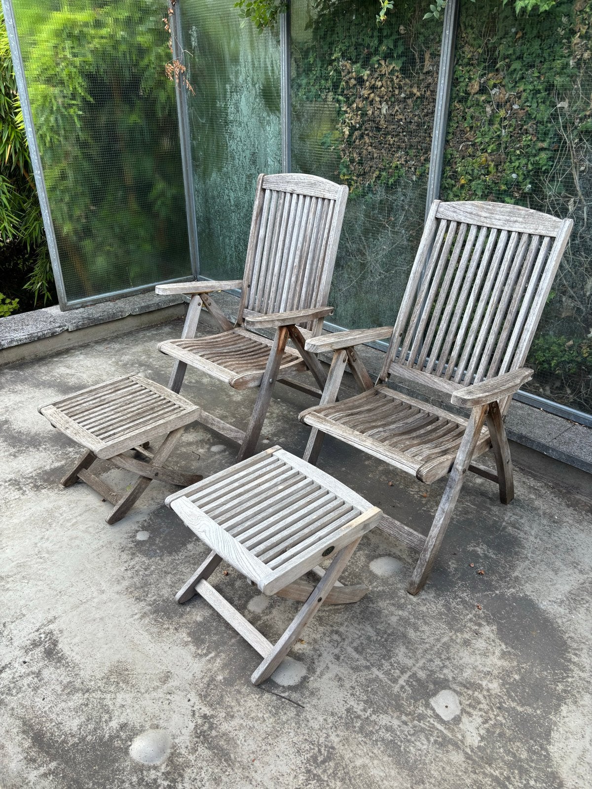2 Queens Teak Loungestoelen met voetenbankjes, Tuin en Terras, Ophalen, Gebruikt, Teakhout, Inklapbaar