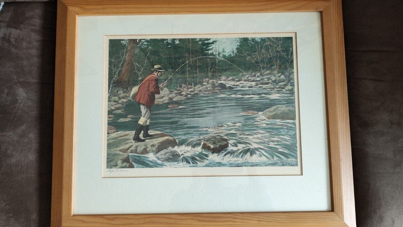 Vintage A.B. Frost Print - Visser aan de rivier (1971), Huis en Inrichting, Ophalen, Gebruikt, Oorspronkelijke maker, Print