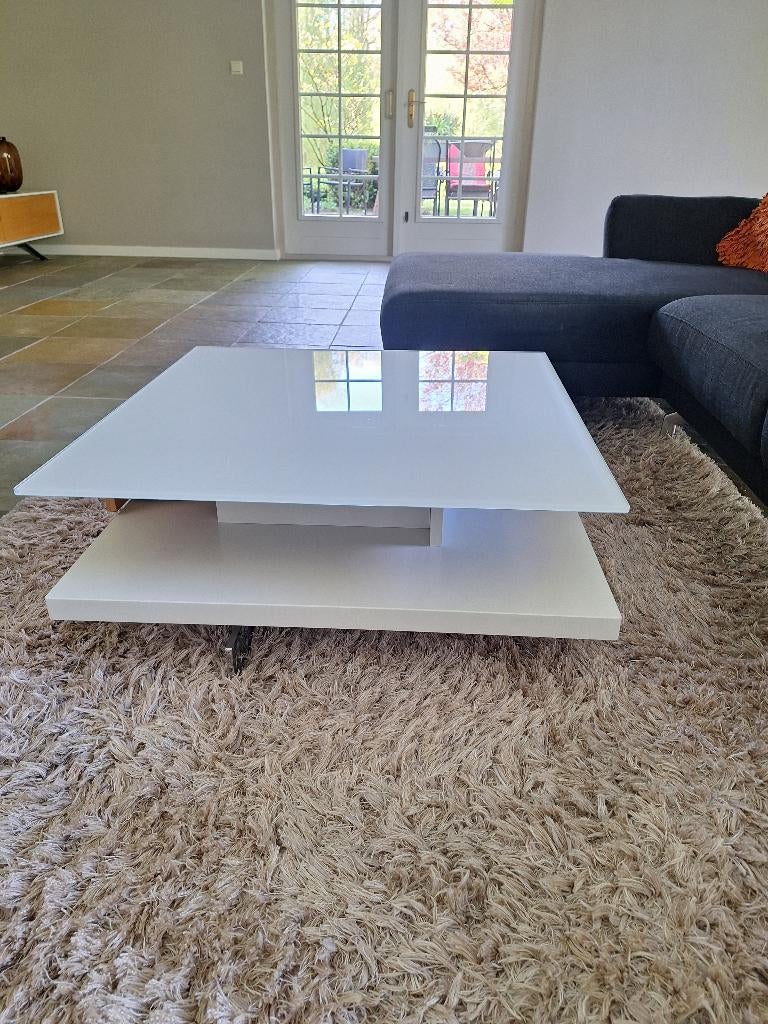 Hulsta salontafel met eikenhouten zwenlade, Ophalen, Glas, 50 tot 100 cm, Vierkant