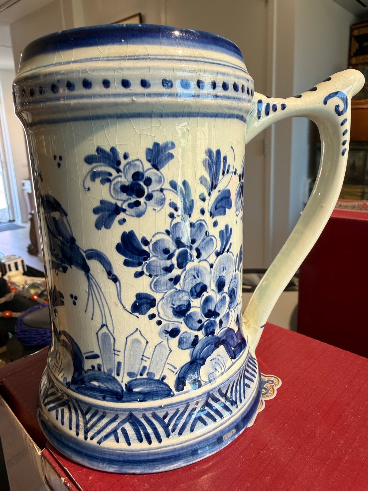 Delfts Blauwe Bierpul met Handvat en Bloemenpatroon, Ophalen of Verzenden