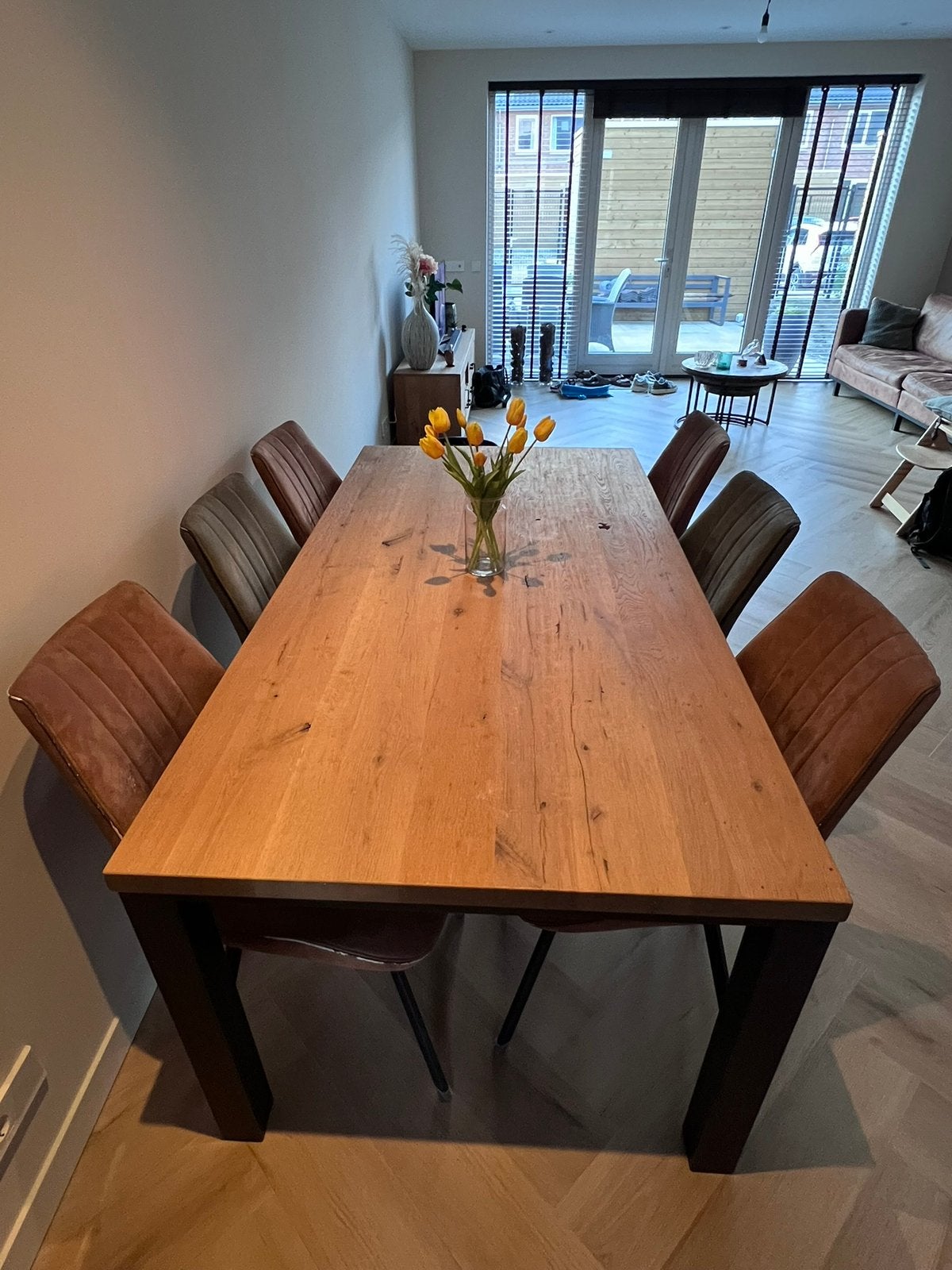 Massief eiken Bommel eettafel 200x100 + 6 stoelen, Ophalen, Gebruikt, 4 tot 6 stoelen