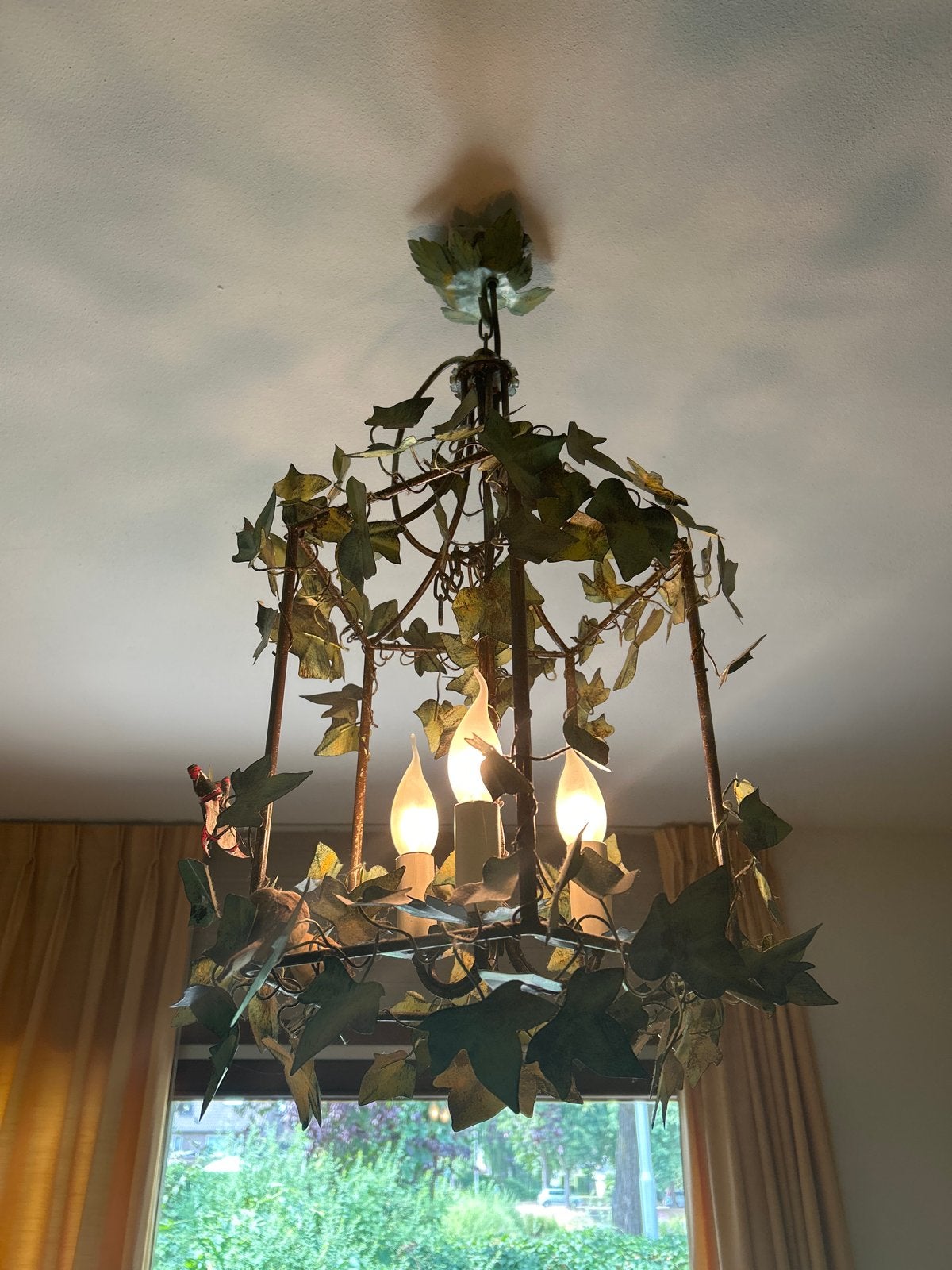Unieke vintage hanglamp met bladeren - Smeedijzer, Ophalen, Gebruikt, Metaal, E14 (klein)