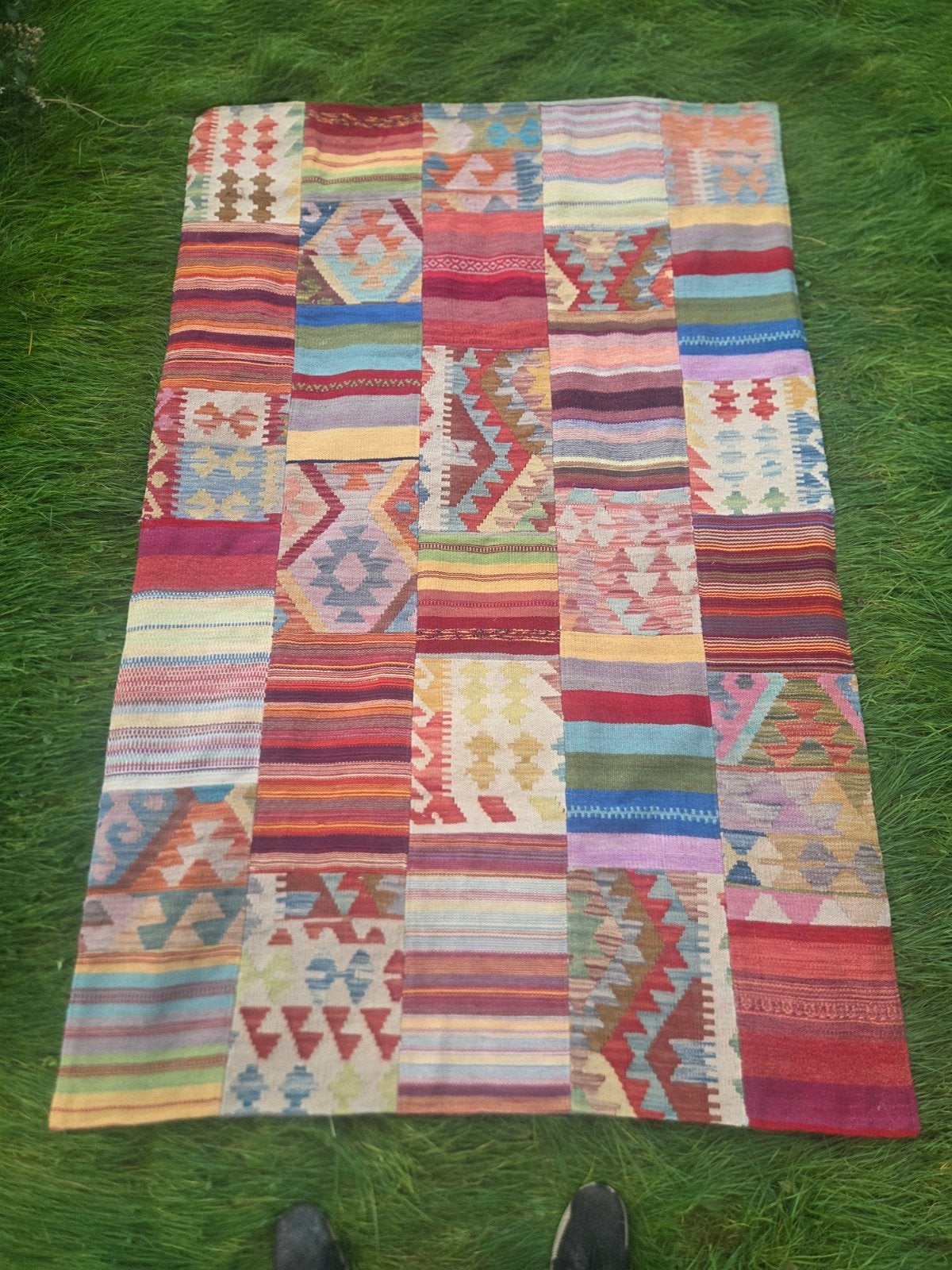 Prachtig handgeknoopt patchwork kelim tapijt 200x126 cm, Huis en Inrichting, Gebruikt, 100 tot 150 cm, Patchwork, Kelim, Handgeknoopt