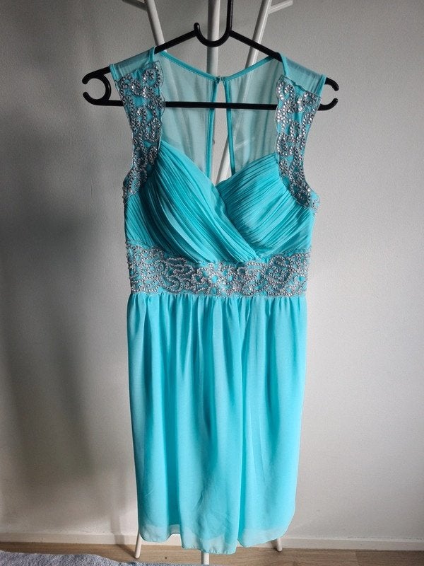 Turquoise chiffon jurk, Kleding | Dames, Blauw, Maat 46/48 (XL) of groter, Ophalen of Verzenden, Zo goed als nieuw