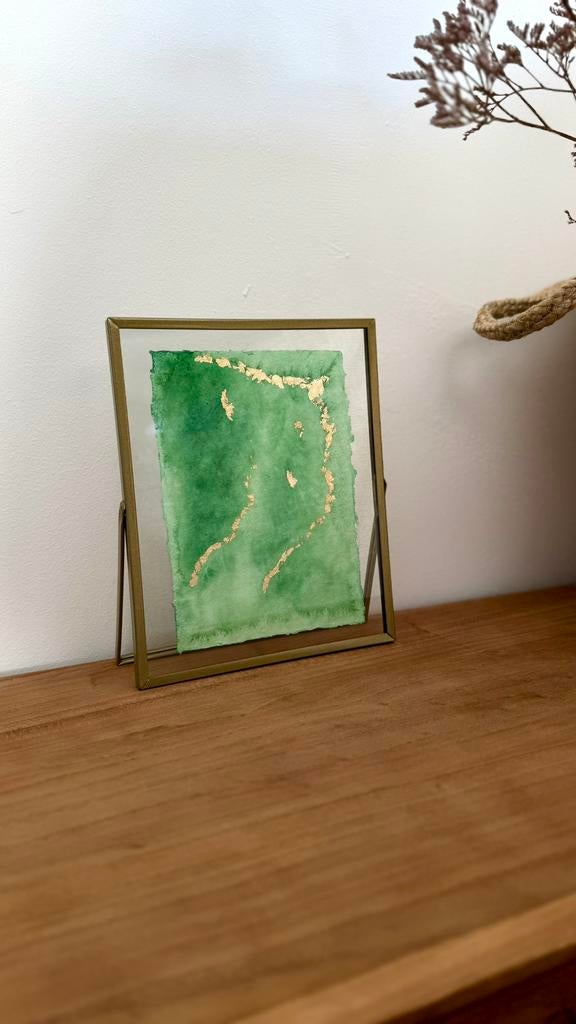 Abstract schilderij, groen aquarel met goud, moderne kunst, Antiek en Kunst, Ophalen of Verzenden