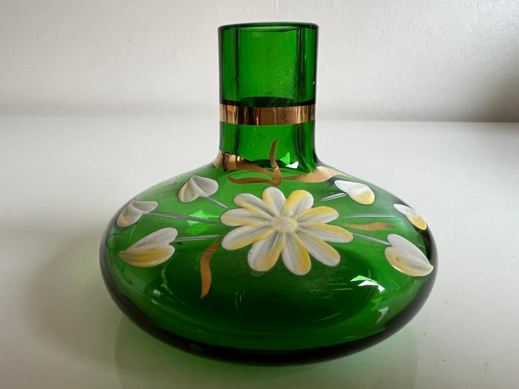Vintage Exbor Tjechië Glazen Groen Vaasje Emaille Verf Bloem, Ophalen of Verzenden