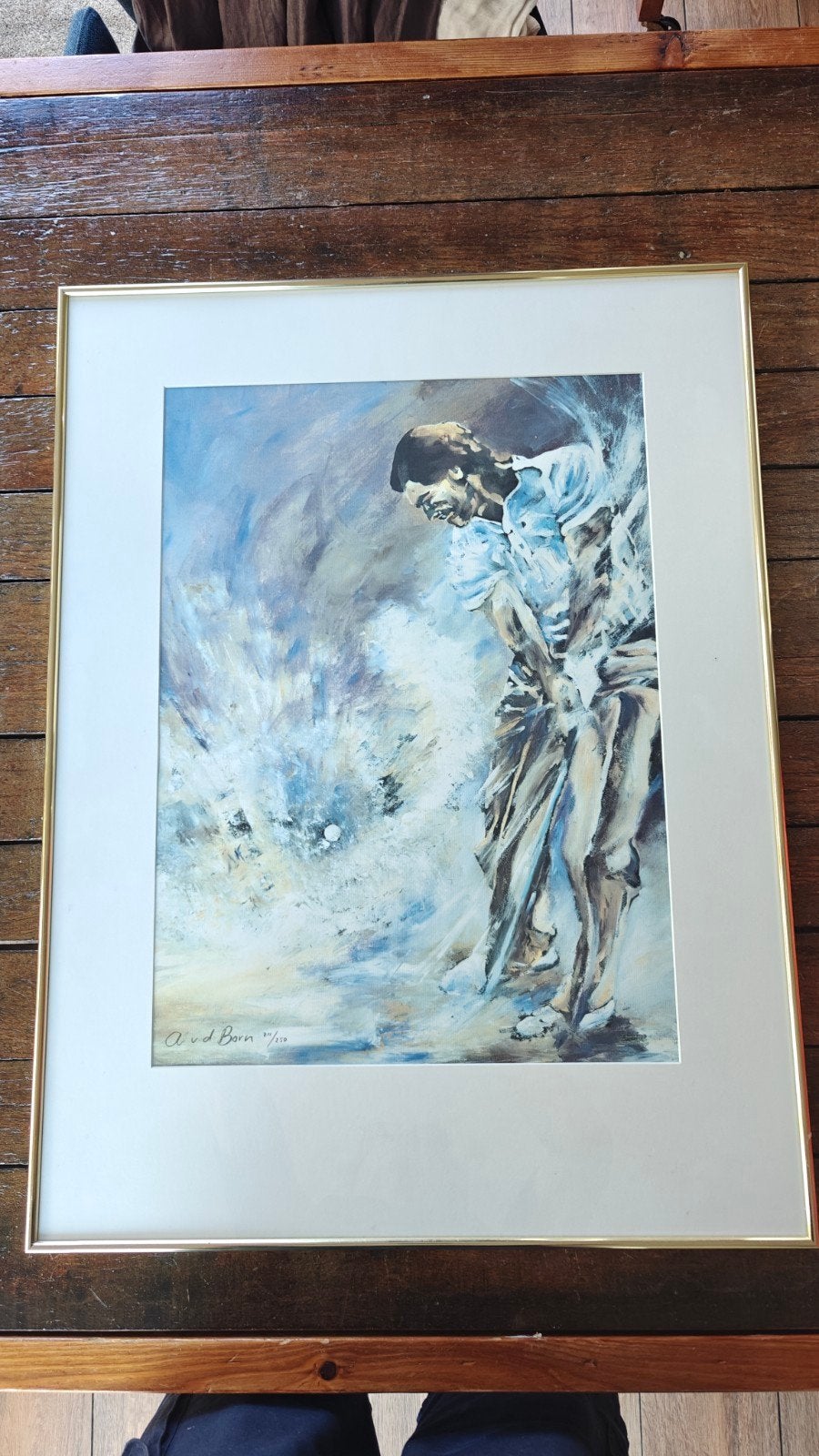 Angelique van der Born - Golfer (ingelijst, 60x80 cm), Antiek en Kunst, Kunst | Schilderijen | Modern, Ophalen, Aquarel, Overig onderwerp