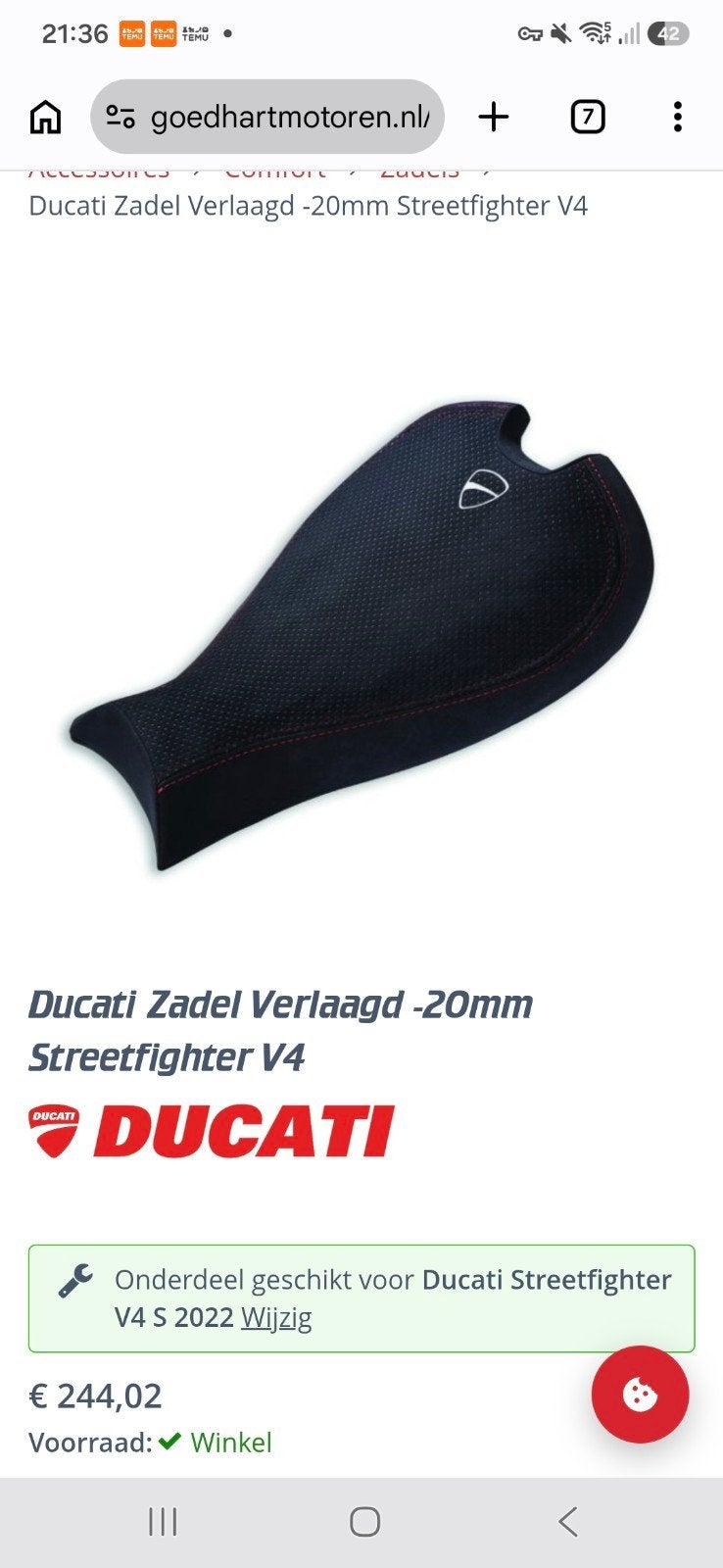 Ducati Zadel Verlaagd -20mm Streetfighter V4, Ophalen of Verzenden, Gebruikt