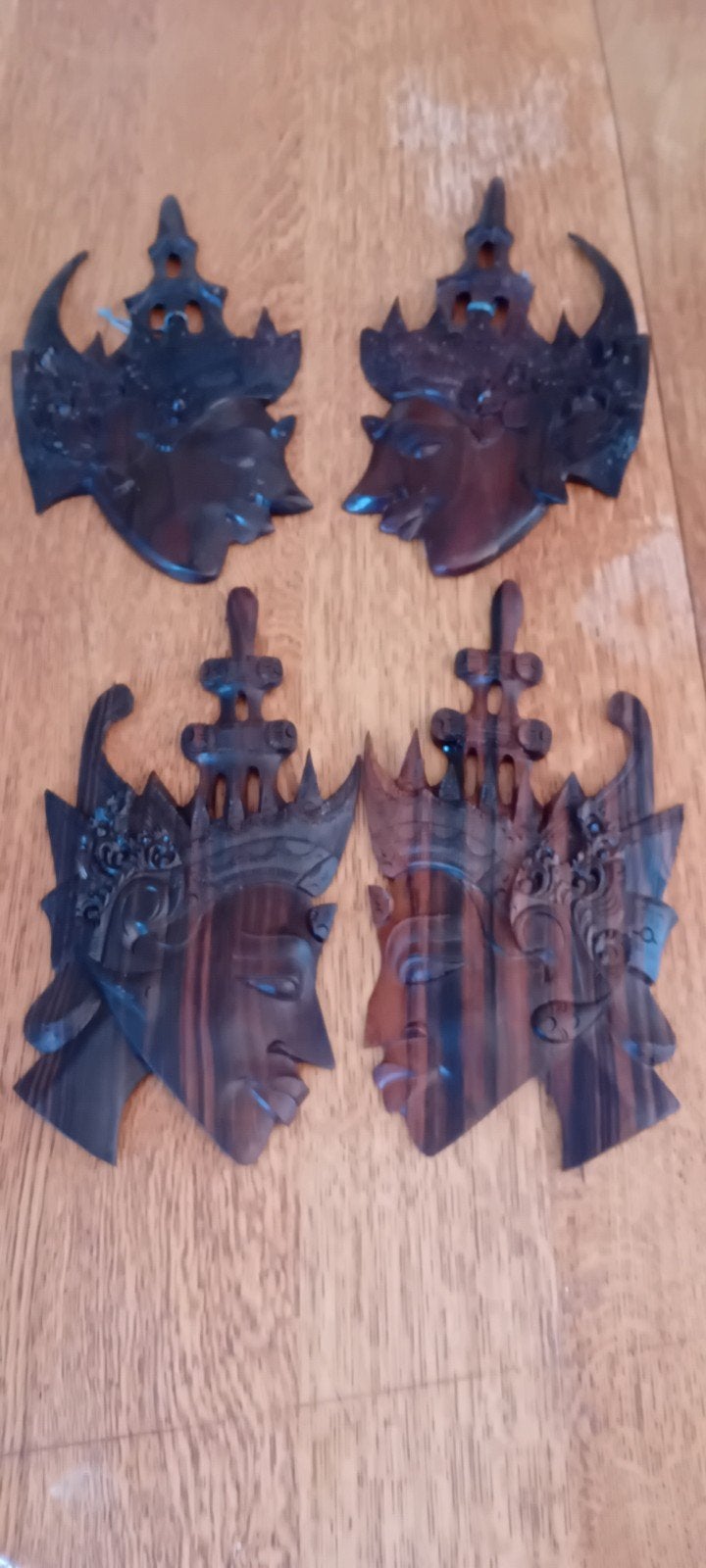 4 Vintage Coromandel Houten Balinese Muurmaskers, Hout, Bruin, Masker, Ophalen of Verzenden