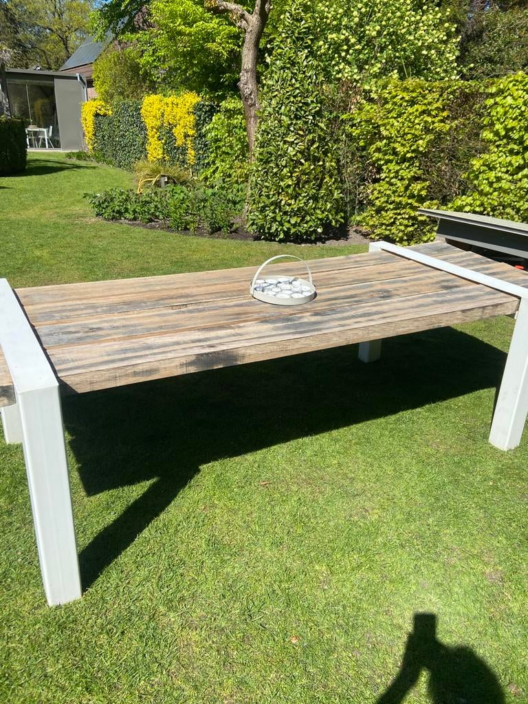 Grote tuintafel van eikenhouten balken met grote tuinbank, Ophalen of Verzenden, Gebruikt, Rechthoekig, Hout