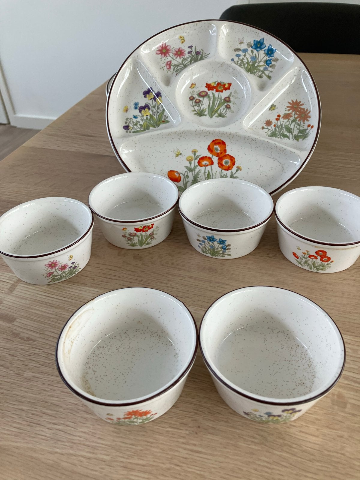 Vintage 6 delige fondue/ gourmet bordjes, Ophalen, Gebruikt, Keramiek, Vintage
