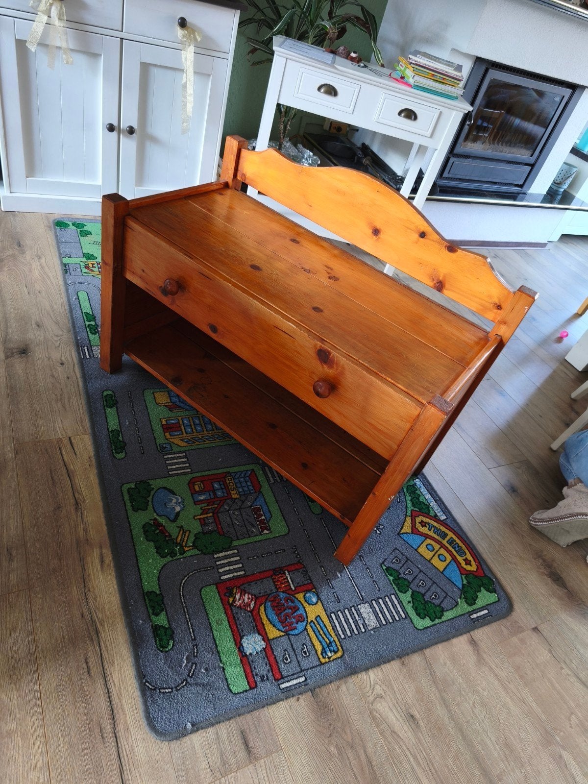 Houten schoenenbankje met lade, Ophalen, Gebruikt
