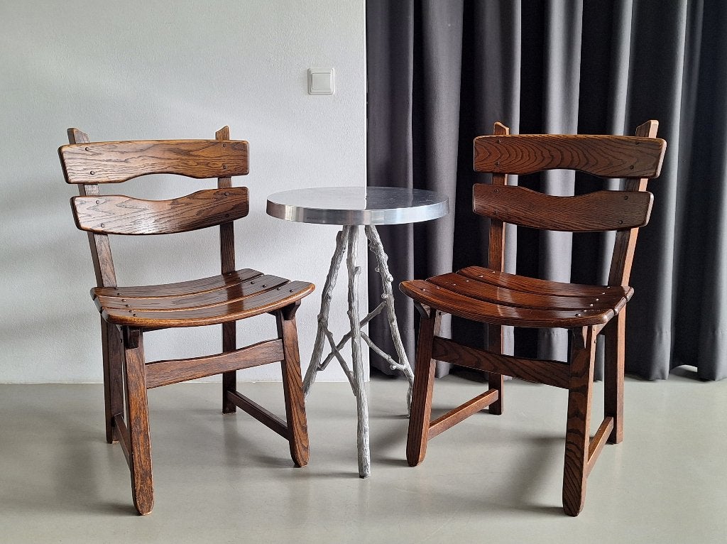 vintage paar brutalist design Dittmann & Co. eetkamerstoelen, Ophalen, Twee, Bruin, Hout