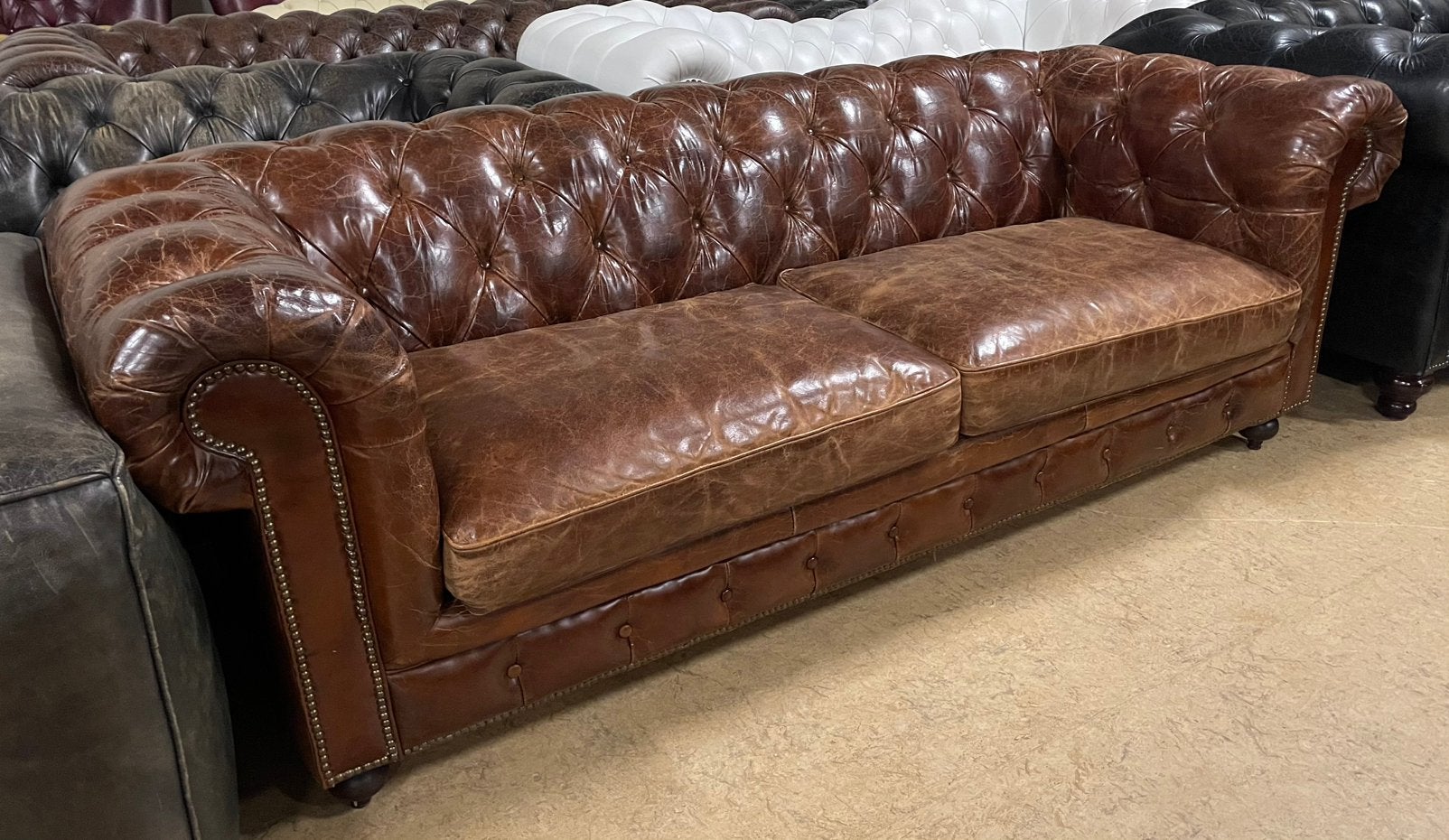 Prachtige Chesterfield Bank 3 Zits Vintage Cigar., Gebruikt, Chesterfield, Driepersoons, Ophalen of Verzenden