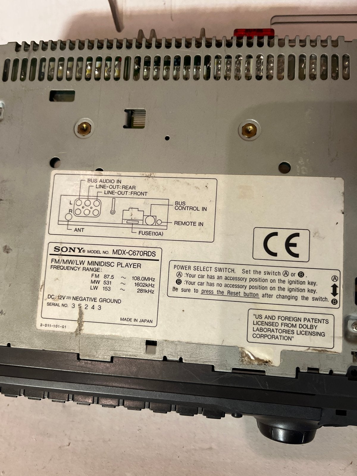 Sony MDX-C670RDS FM/MW/LW Minidisc Speler Autoradio, Ophalen of Verzenden, Gebruikt