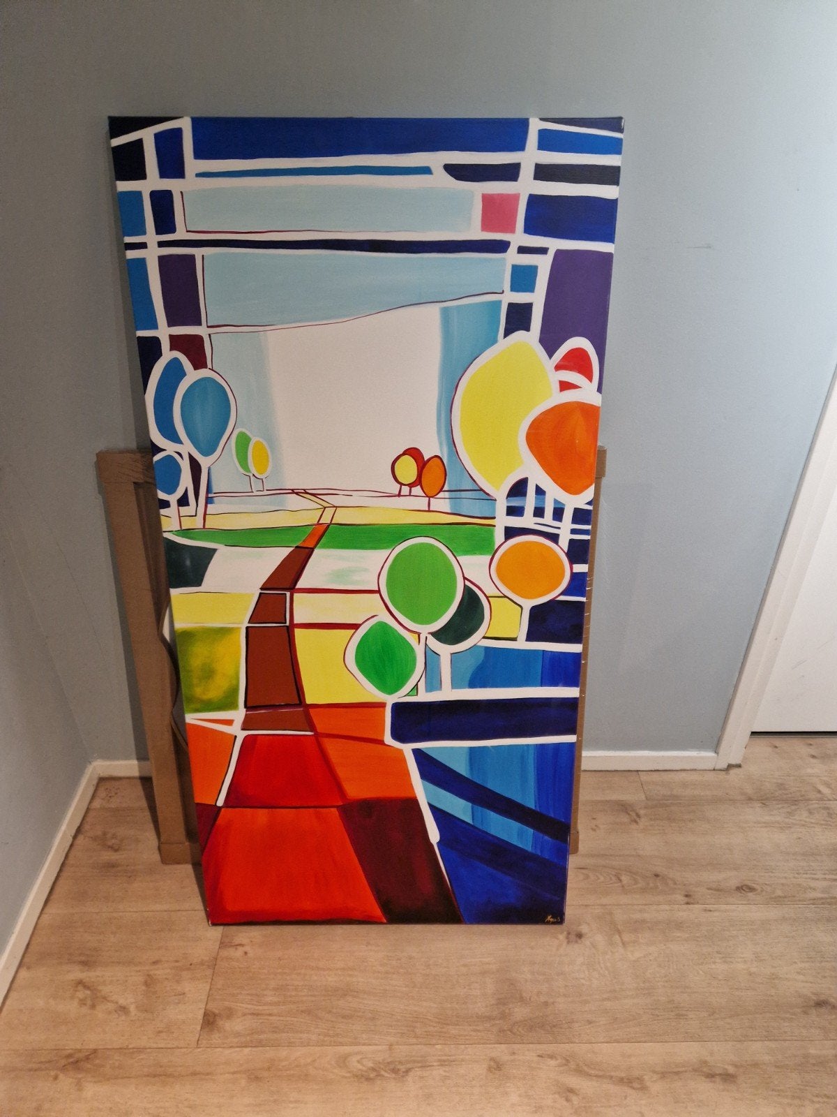 Abstract Kleurrijk Schilderij - Modern Landschap, Antiek en Kunst, Ophalen