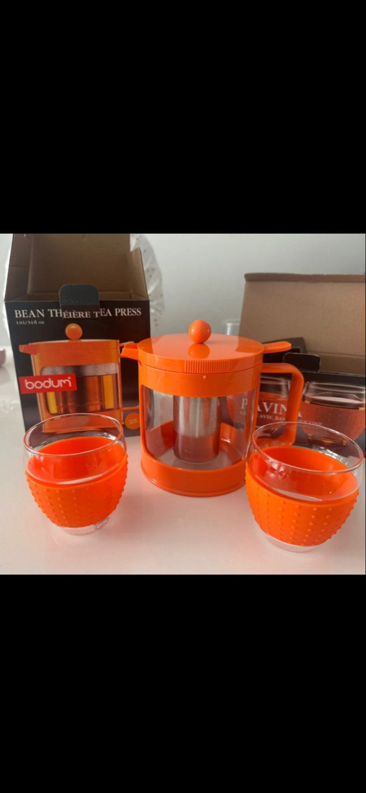 Bodum Bean Theepot met 2 glazen - Oranje- Nieuw in doos!, Theepot/fluitketel, Glas, Verzenden, Nieuw