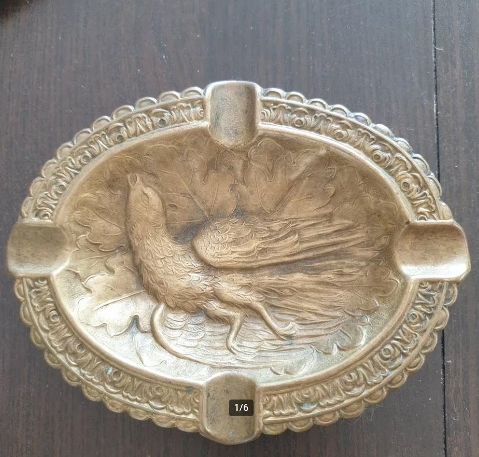 Vintage koperen asbak met vogel jachttafereel 0207, Antiek en Kunst, Antiek | Koper en Brons, Ophalen of Verzenden, Koper