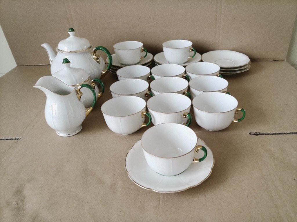 Vintage verguld theeservies koffieservies porselein Striegau, Ophalen of Verzenden