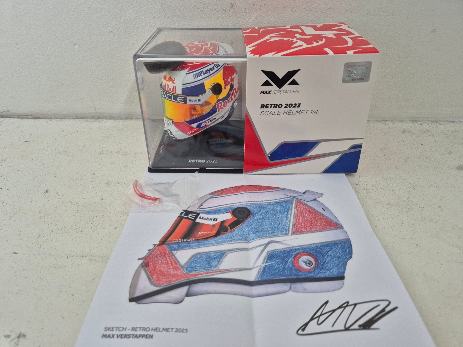 Max verstappen 1:4 retro helm 2023 compleet redbull f1 nieuw, Ophalen, Nieuw, Formule 1