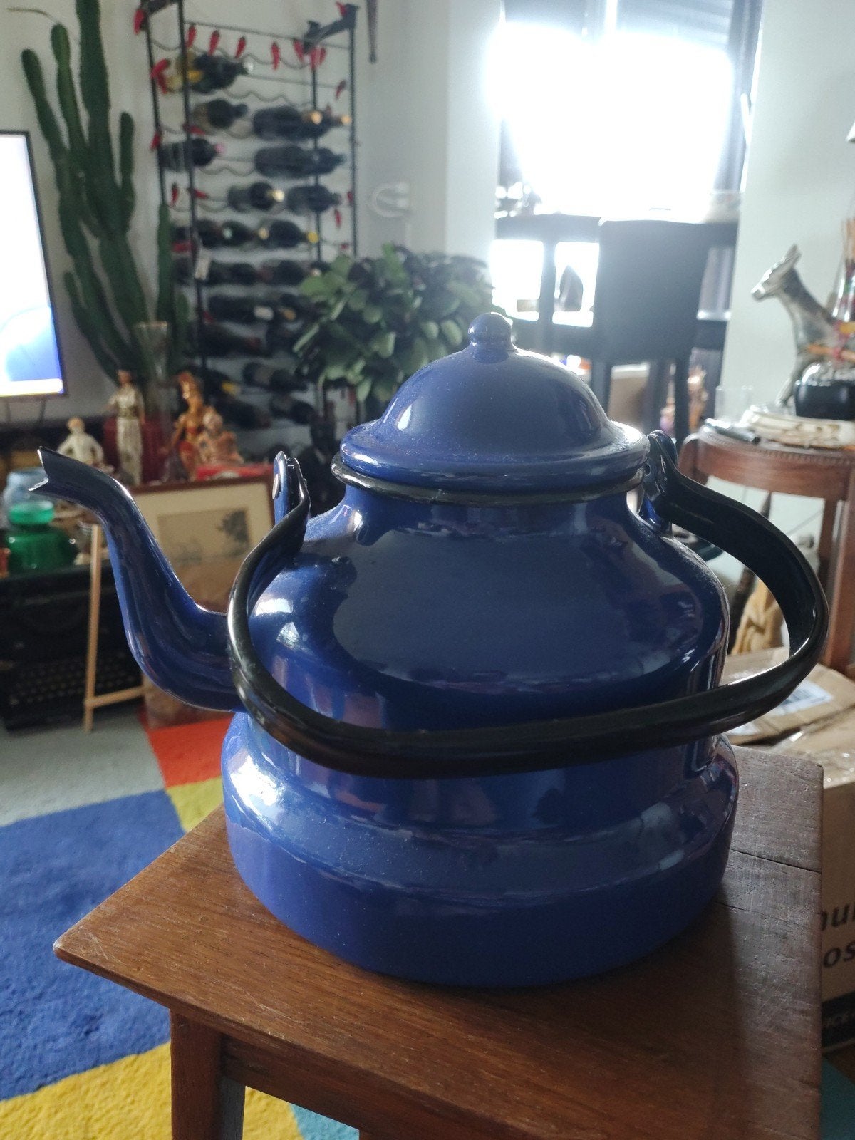 Zeer gave blauwe emaille ketel, 20 cm hoog, Antiek en Kunst, Ophalen of Verzenden