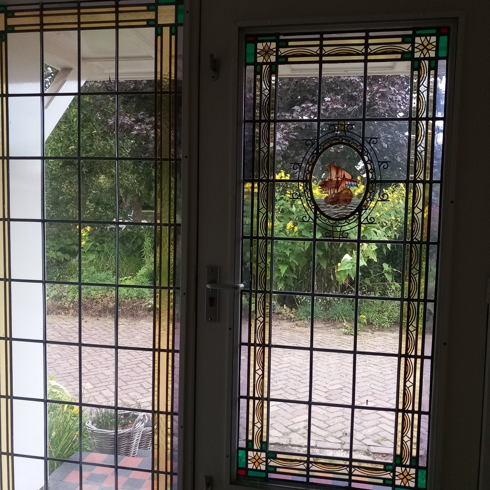 glas in lood voordeur en zijraam., Ophalen, Gevelraam of Ruit, Gebruikt, Glas in lood