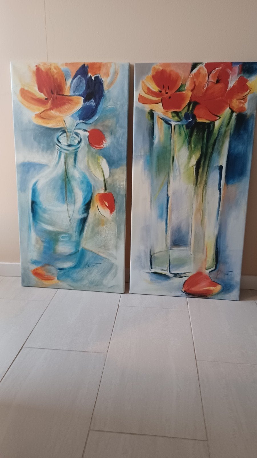Set van 2 bloemenschilderijen, 50x100 cm, Ophalen, Op houten frame, Bloemen