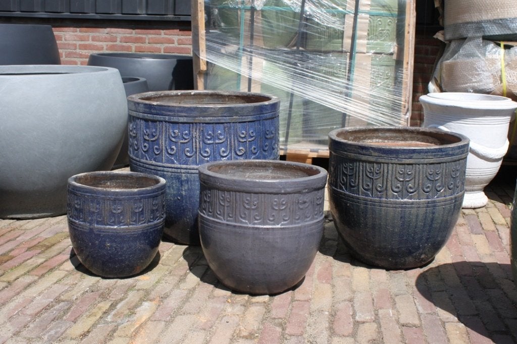 Nieuwe aardewerk bloempotten geglazuurd groen en blauw, Tuin en Terras, Rond, Nieuw, Minder dan 40 cm, Ophalen