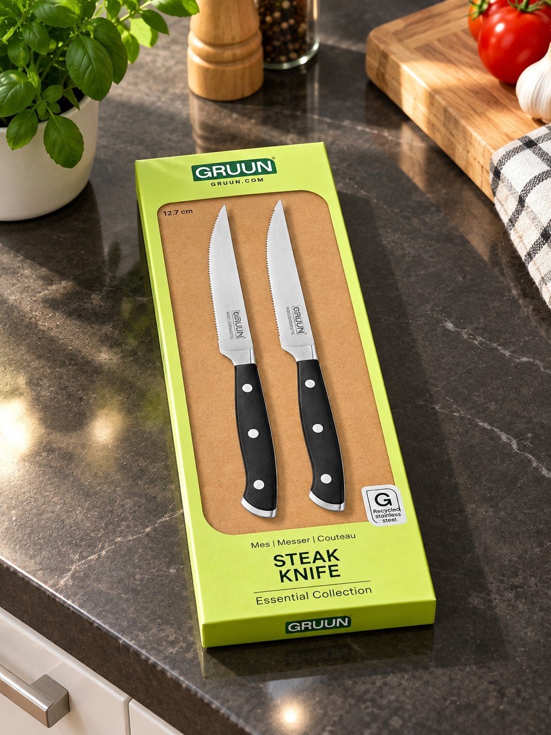 GRUUN Steakmessen Set - 2 stuks, 12,7 cm, Gerecycled RVS, Huis en Inrichting, Los bestek, Nieuw, Ophalen of Verzenden, Rvs of Chroom