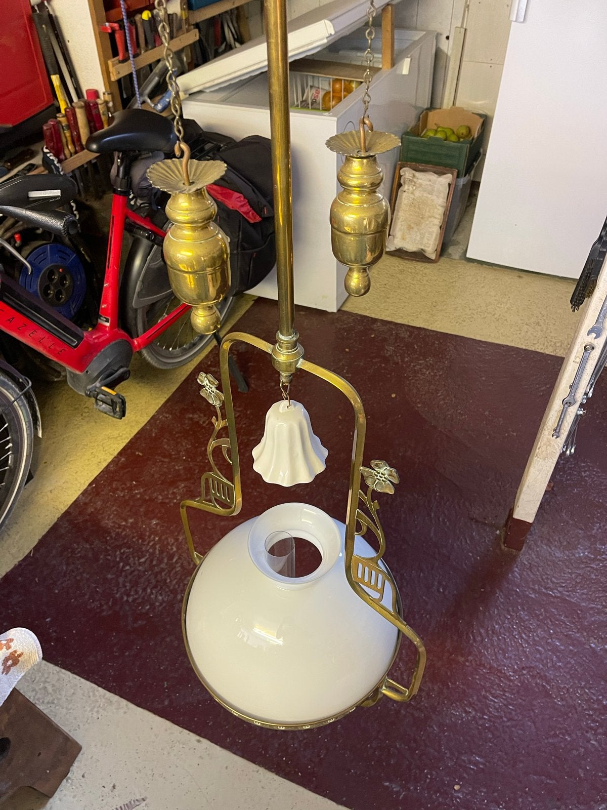 Antieke Messing Olielamp met Glazen Kap, Antiek en Kunst, Ophalen