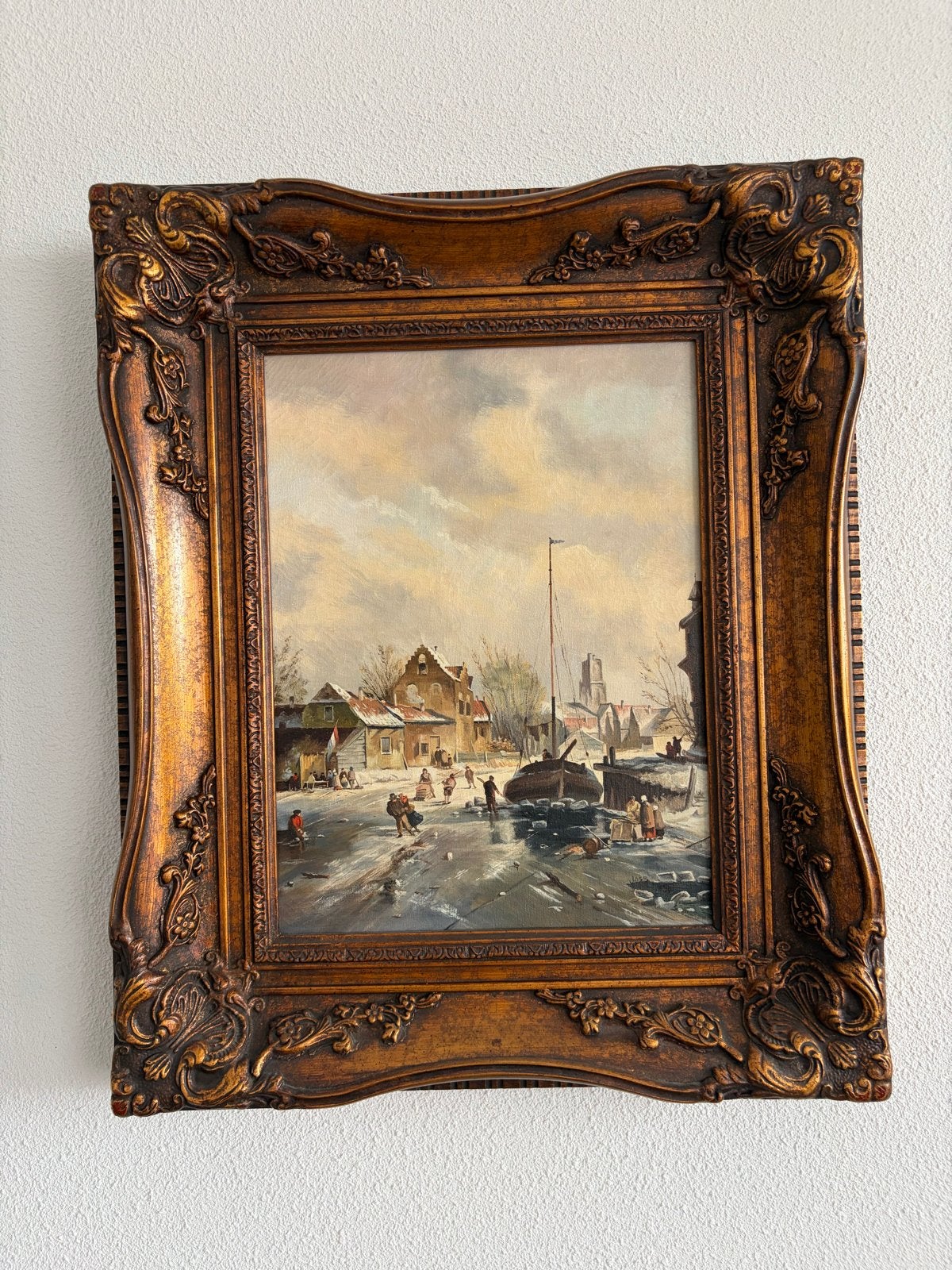 Oud Hollands Winterlandschap Schilderij met Gouden Lijst, Ophalen, Doek, Oud hollands, Olieverf